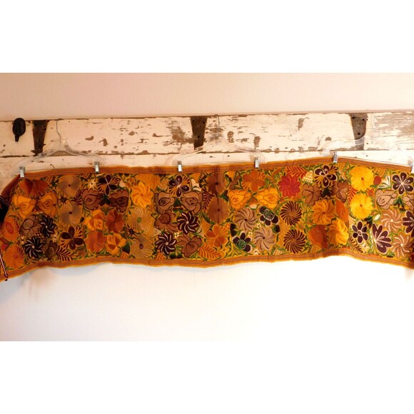 Floral Silk Embroidered Table Runner, Gold Brown Fall Autumn Fringe 90"x17" - Picture 5 of 12